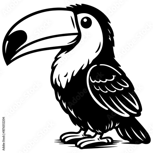 Full body toucan vector line art, black and white tropical bird illustration for engrave and creative projects.