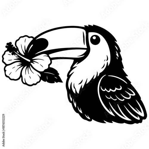 Toucan portrait holding tropical flower in beak vector line art for engrave and decorative prints.