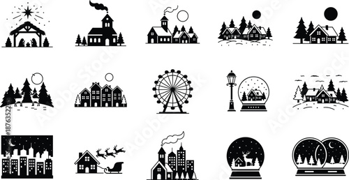 Christmas winter village silhouette icon collection, snowy town scenes nativity houses ferris wheel snow globe festive holiday vector illustration set