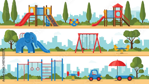 Colorful playground equipment set in city park, kids outdoor play area with slides swings climbing frames toys modern flat vector illustration