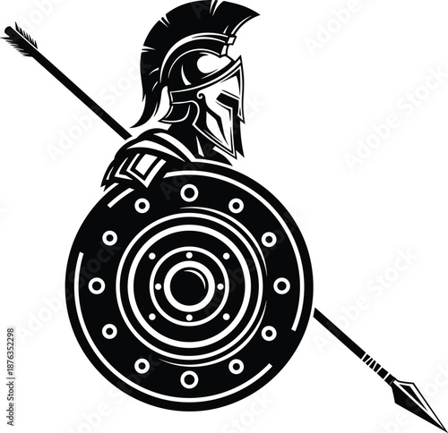 Ancient Greek warrior with helmet, shield, and spear in bold black silhouette style, classical military illustration, flat vector
