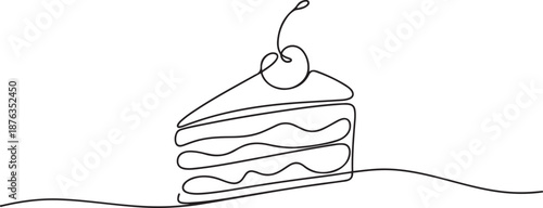Single continuous line drawing of stylized cut sliced cake with cherry fruit topping art. Sweet pastry concept. one line Icon drawing