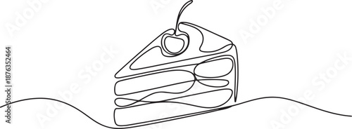 Single continuous line drawing of stylized cut sliced cake with cherry fruit topping art. Sweet pastry concept. one line Icon drawing