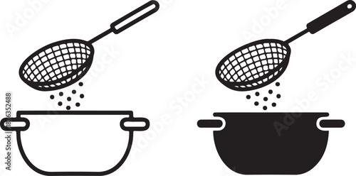 Cooking icon showing straining liquid from food using a skimmer on transparent background