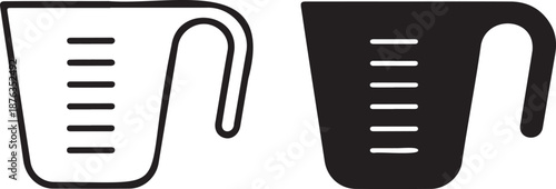 Outline and filled measuring cup icons with measurement lines on transparent background