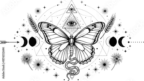 Mystical butterfly illustration, black and white spiritual art, geometric nature symbolism, celestial elements, esoteric design, occult sketch, transformation and enlightenment theme