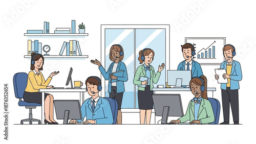 Diverse team of friendly customer service representatives collaborating in a bright modern office environment