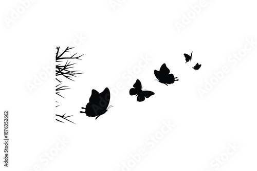 black butterflies flying from tree branch to the right side isolated on white background