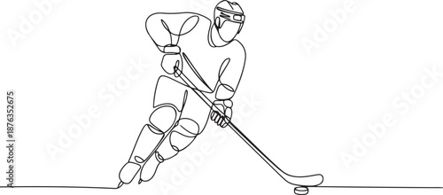 One continuous line drawing of young professional ice hockey player exercising and practicing on ice rink stadium. Healthy extreme sport concept. one line Icon drawing
