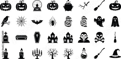 Halloween icon silhouette collection, spooky horror symbols including pumpkins ghosts bats witches coffins haunted houses vector set for festive designs