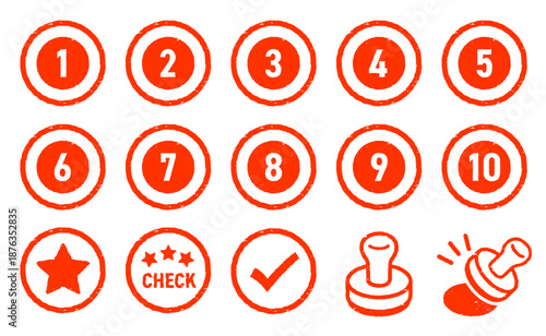 イラストスタンプラリーのイラストアイコンセット。インク掠れのテクスチャーが入った赤いハンコの印面。チェック、星、数字が入った円形のスタンプ。