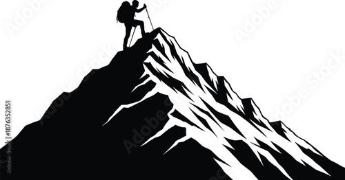 Mountain climber silhouette illustration, hiking adventure success concept with backpack and trekking pole on rocky peak for outdoor motivation vector design