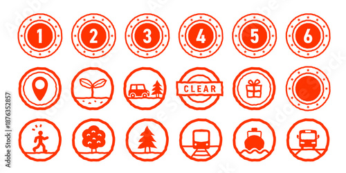 スタンプや活版印刷のようなラフな線画のイラストのセット。数字、バス、車、電車、船、木などの旅行やハイキングをイメージしたアイコン。