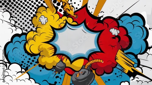  A giant comic book style explosion in the center of the screen, with bold halftone dots