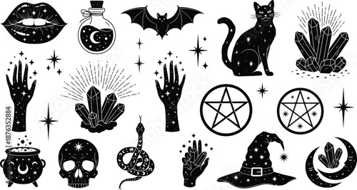 Mystical witchcraft symbols collection, occult magic icons with crystals pentagram black cat hands moon potion gothic vector illustration set