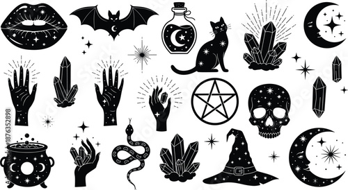 Occult witchcraft symbols collection, mystical gothic magic icons with crystals pentagram black cat moon skull potion hands vector set illustration design elements