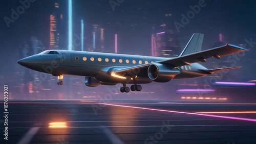 A gigantic futuristic two-storey passenger jet taking off from a neon-lit smart airport