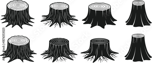 Tree stump silhouette collection, cut wood logs with roots and rings forest elements for lumber forestry ecology vector illustration design set