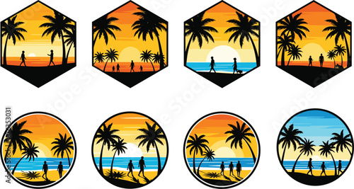 Tropical beach sunset badge collection, palm tree summer vacation silhouettes in hexagon and circle frames for travel logos stickers vector illustration