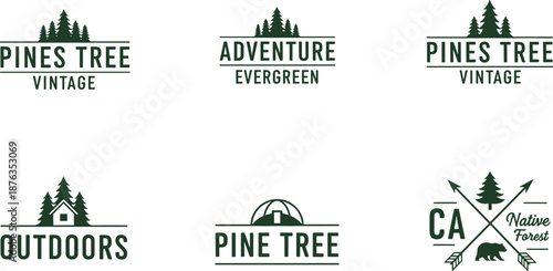 Vintage pine tree logo collection, outdoor adventure evergreen forest badges for camping branding apparel labels retro vector design rustic nature emblem set