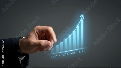 Businessman Hand Gestures and Points to Glowing Upward Digital Graph Symbolizing Growth, Achievement, and Finance
