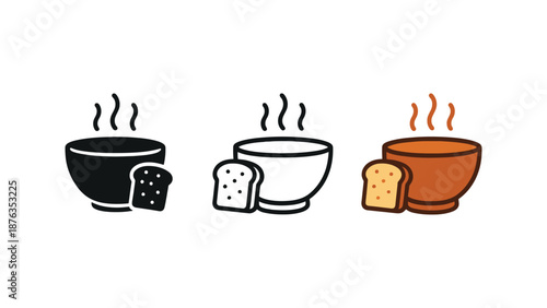 A set of colorful steaming coffee cups with slices of bread