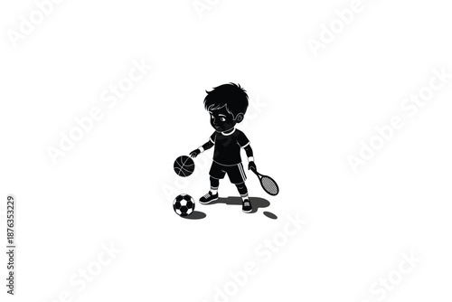 boy playing with soccer ball and tennis racket in sports uniform