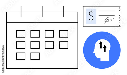 Business planning concept. Business planning tools thumbs up calendar, receipt, and growth mindset icon promoting efficient scheduling, financial management, and personal development