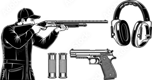 Black and white firearm illustration, shotgun and pistol drawing, shooting sport gear, gun safety equipment, bold graphic weapon art, hunting sketch