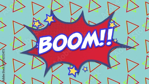 Animation of boom text on a retro speech bubble against triangle shapes in seamless pattern