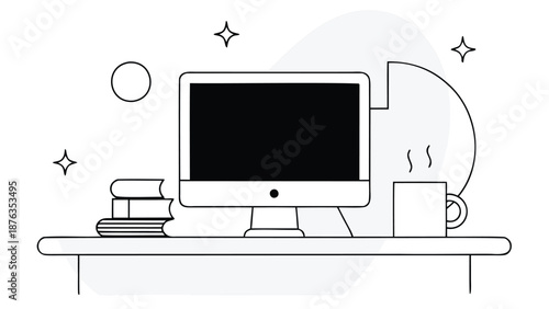 Flat design representing independent online work with computer books and coffee on a desk