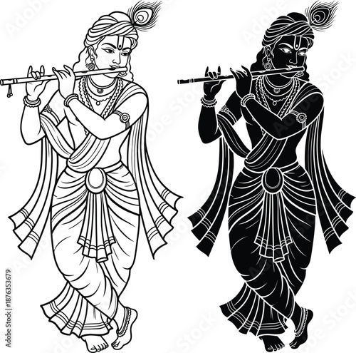 Hindu deity Krishna playing flute in traditional attire with peacock feather, spiritual cultural icon illustration for design, flat vector