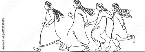 One single line drawing of young happy male muslim workers walking in a hurry to catch the bus. Saudi Arabia cloth shmag, kandora, headscarf, ghutra. one line Icon drawing