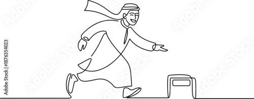 One single line drawing of young happy male muslim workers walking in a hurry to catch the bus. Saudi Arabia cloth shmag, kandora, headscarf, ghutra. one line Icon drawing