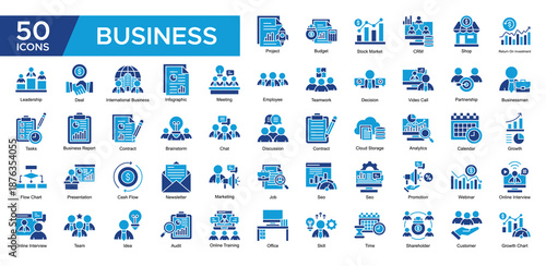 Business collection set. Project, Budget ,Stock Market, Return On Investment, Teamwork, Employee , Leadership, Analytics, icon. Simple Dual Tone vector illustration