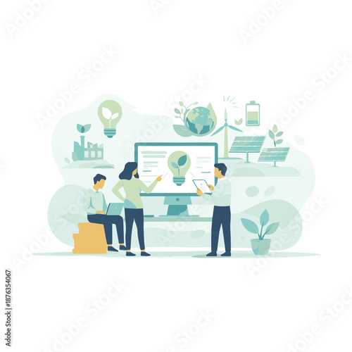 Green Startup Eco Solution Illustration – Sustainable Technology Team Flat Vector
