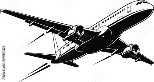 Commercial jet airplane in flight with engines, aerodynamic design, motion lines, modern aviation technology illustration for travel, flat vector
