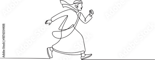One single line drawing of young happy male muslim workers walking in a hurry to catch the bus. Saudi Arabia cloth shmag, kandora, headscarf, ghutra. one line Icon drawing