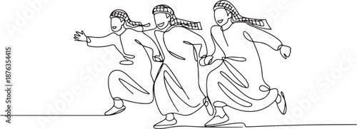 One single line drawing of young happy male muslim workers walking in a hurry to catch the bus. Saudi Arabia cloth shmag, kandora, headscarf, ghutra. one line Icon drawing