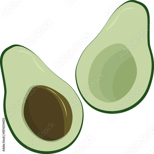 Minimalist flat vector illustration of two avocado halves, one with a seed, featuring a fresh green color palette ideal for healthy food branding and nutritional icons.