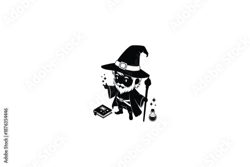 cute cartoon cat wearing a wizard hat with a magic book and wand standing on a transparent background
