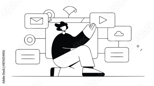 Person interacting with digital interface icons receiving information online communication workflow automation productivity concept