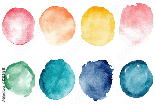Eight transparent watercolor circles in various pastel colors are isolated on a white background. The paint stains form a collection of aesthetic design elements