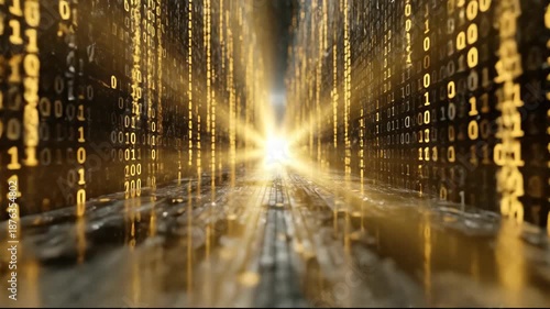 Glowing Tunnel of Binary Code Creates Futuristic and Chaotic Digital Landscape with Cinematic Macro Shot of Technology