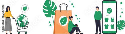 Eco shopping illustration, sustainable consumer behavior, green lifestyle, online ethical fashion, environmental awareness, digital retail, eco-friendly products, nature-inspired commerce, global sust