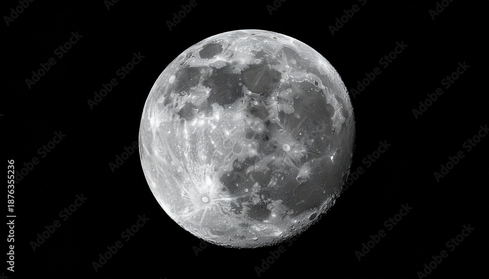 Obraz premium Detailed full moon against black night sky, showing craters, maria, and highlands with clear texture and contrast, emphasizing lunar geology, astronomical observation, and celestial clarity.