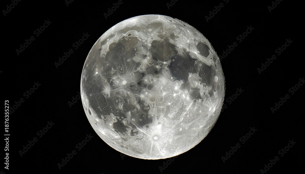 Obraz premium Detailed full moon against black night sky, showing craters, maria, and highlands with clear texture and contrast, emphasizing lunar geology, astronomical observation, and celestial clarity.