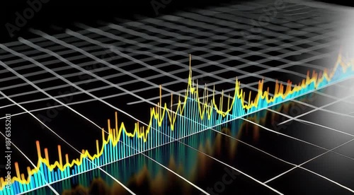 3 D animated graph with yellow and blue bars rising on black background with grid floor business finance data visualization