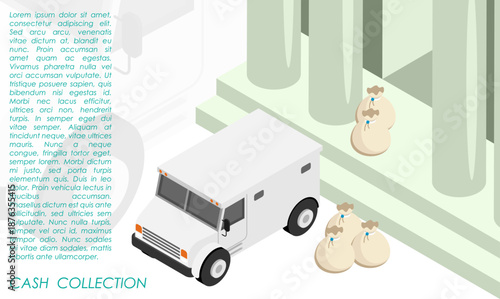 Isometric armored bank car stands at the entrance to bank waiting for loading of money bags for transportation. Isolated cartoon vector concept on white background top view