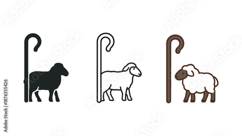 A set of shepherd's crook icons with sheep in different colors and styles